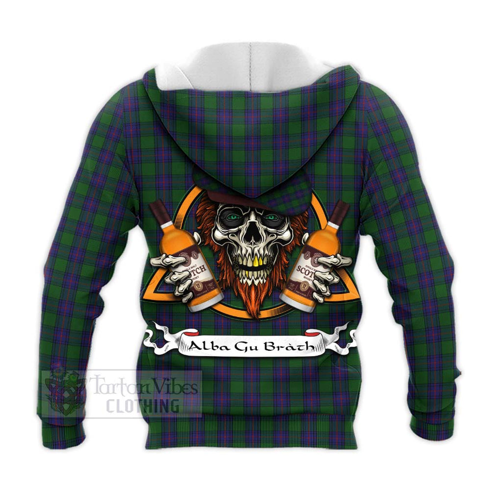 Tartan Vibes Clothing Shaw Tartan Knitted Hoodie with Family Crest and Bearded Skull Holding Bottles of Whiskey