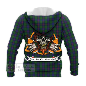 Shaw Tartan Knitted Hoodie with Family Crest and Bearded Skull Holding Bottles of Whiskey