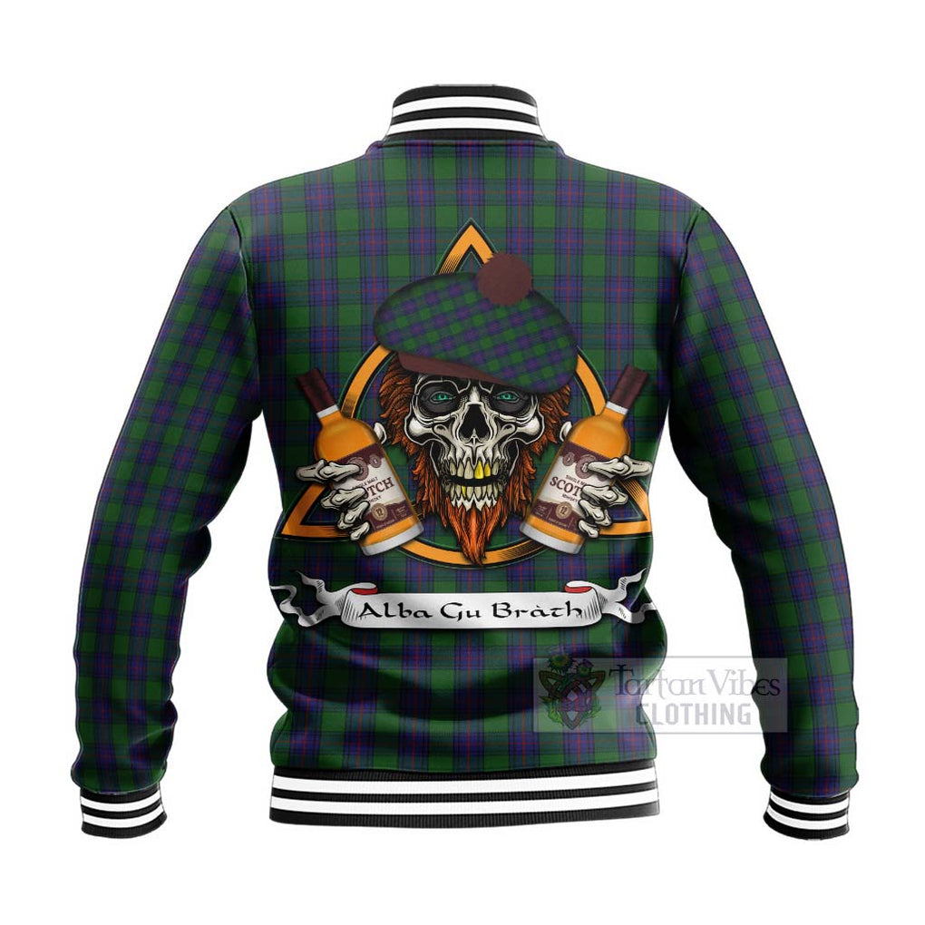 Tartan Vibes Clothing Shaw Tartan Baseball Jacket with Family Crest and Bearded Skull Holding Bottles of Whiskey