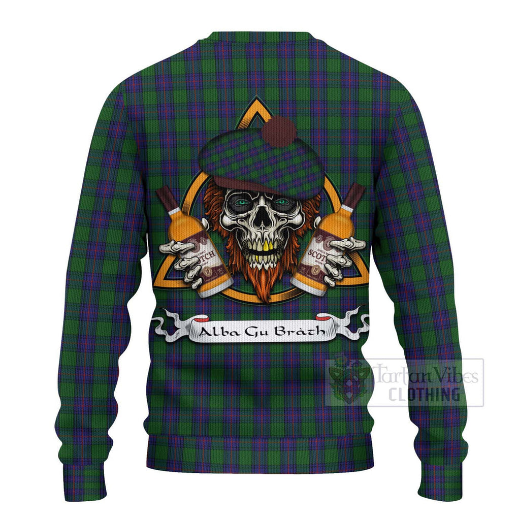 Tartan Vibes Clothing Shaw Tartan Knitted Sweater with Family Crest and Bearded Skull Holding Bottles of Whiskey