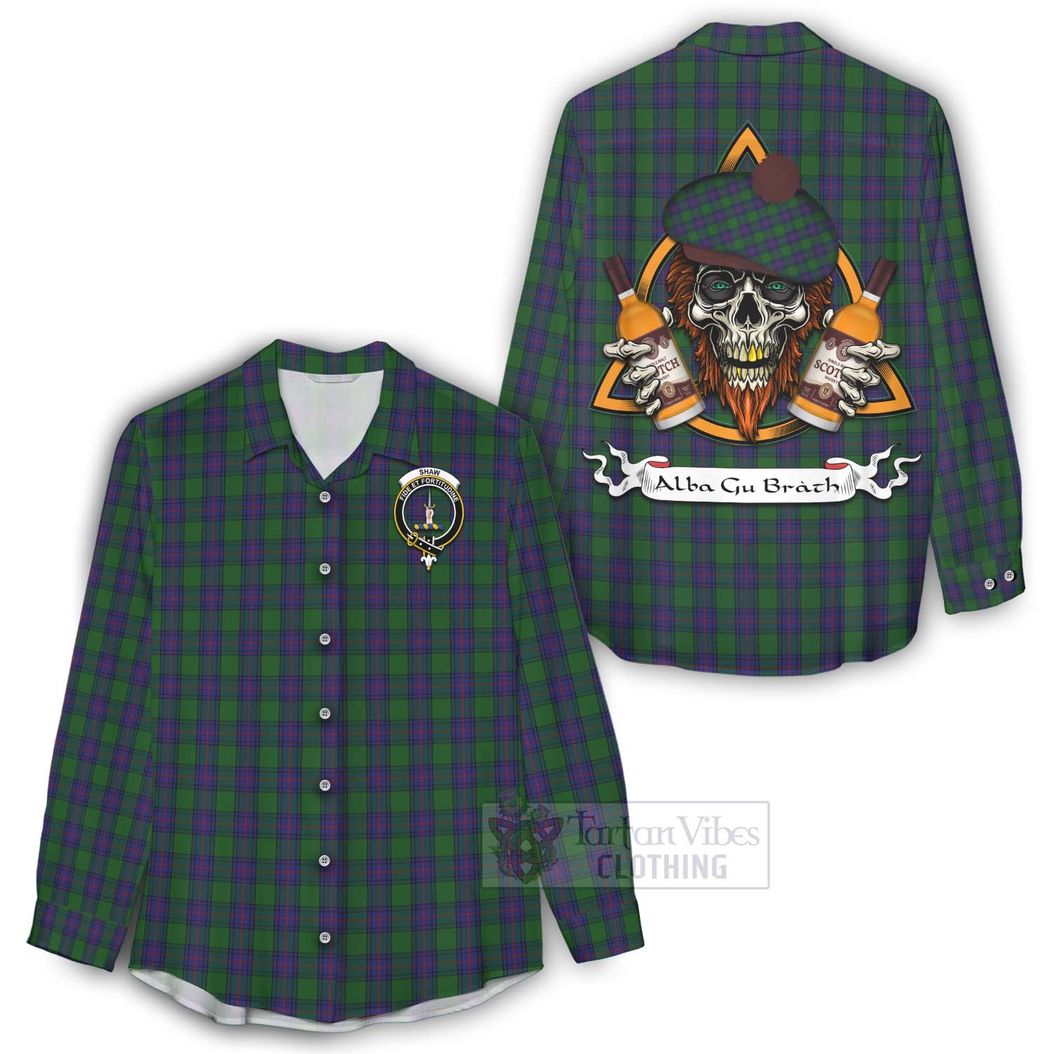 Tartan Vibes Clothing Shaw Tartan Women's Casual Shirt with Family Crest and Bearded Skull Holding Bottles of Whiskey