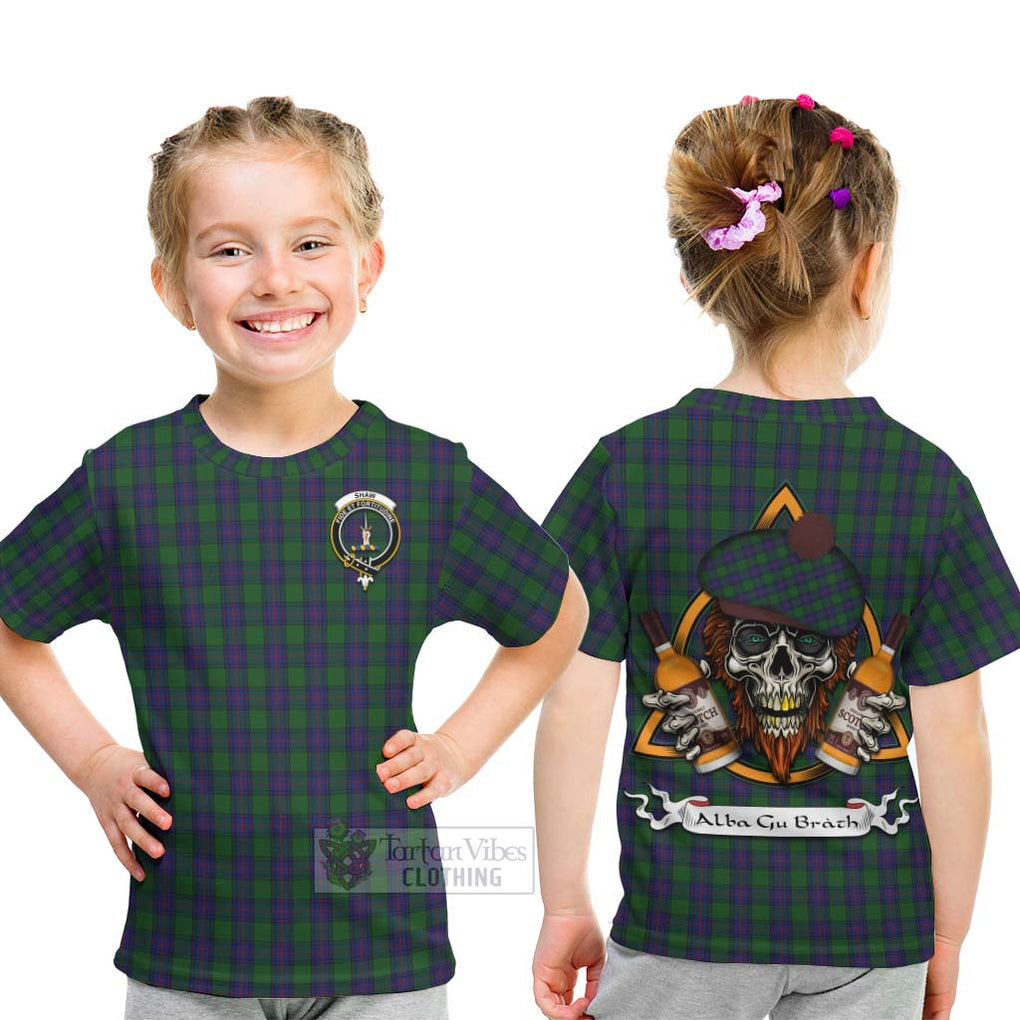 Tartan Vibes Clothing Shaw Tartan Kid T-Shirt with Family Crest and Bearded Skull Holding Bottles of Whiskey