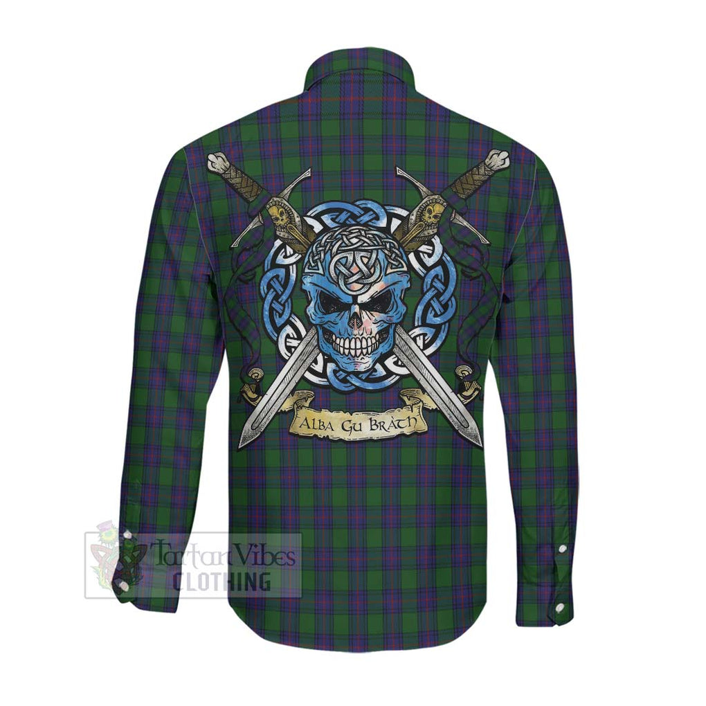 Tartan Vibes Clothing Shaw Tartan Long Sleeve Button Shirt with Family Crest Celtic Skull Style