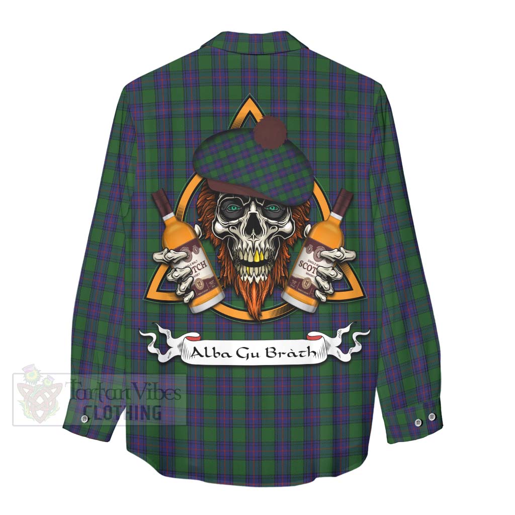 Tartan Vibes Clothing Shaw Tartan Women's Casual Shirt with Family Crest and Bearded Skull Holding Bottles of Whiskey