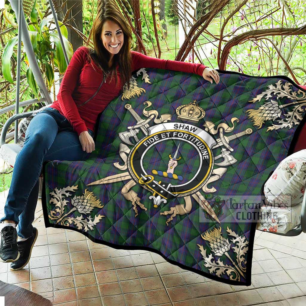 Tartan Vibes Clothing Shaw Tartan Quilt with Family Crest and Scottish Golden Courage Shield