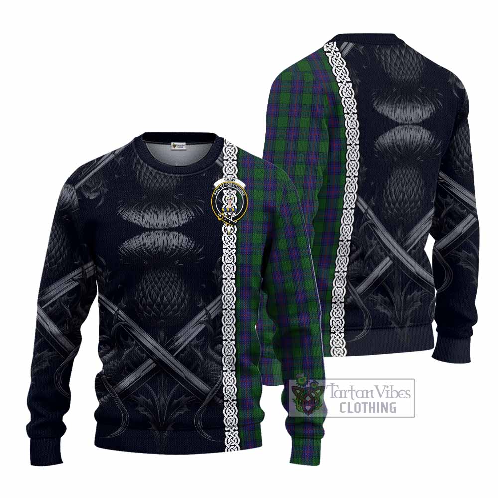 Shaw Tartan Knitted Sweater with Family Crest Cross Sword Thistle Celtic Vibes - Tartan Vibes Clothing