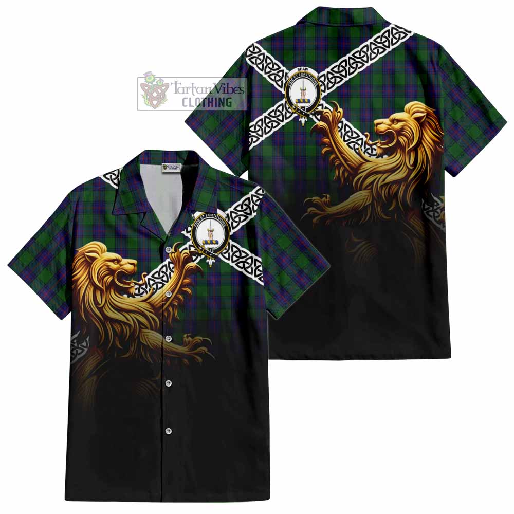Shaw Crest Tartan Hawaiian Shirt with Golden Lion Emblem Celtic Style - Tartan Vibes Clothing
