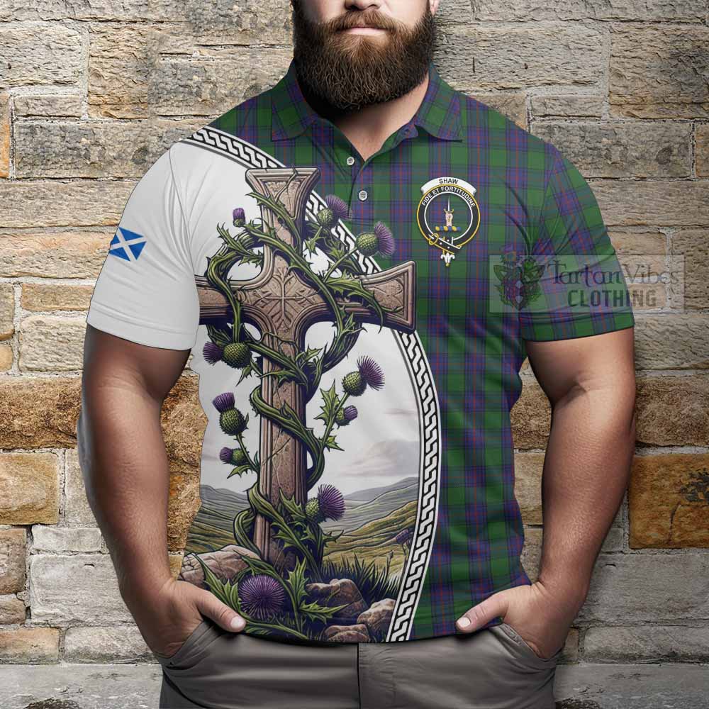 Tartan Vibes Clothing Shaw Tartan Polo Shirt with Family Crest and St. Andrew's Cross Accented by Thistle Vines