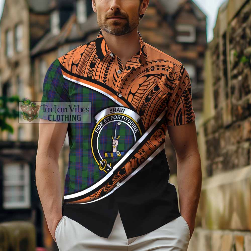 Tartan Vibes Clothing Shaw Crest Tartan Short Sleeve Button Shirt with Maori Tattoo Style - Orange Version