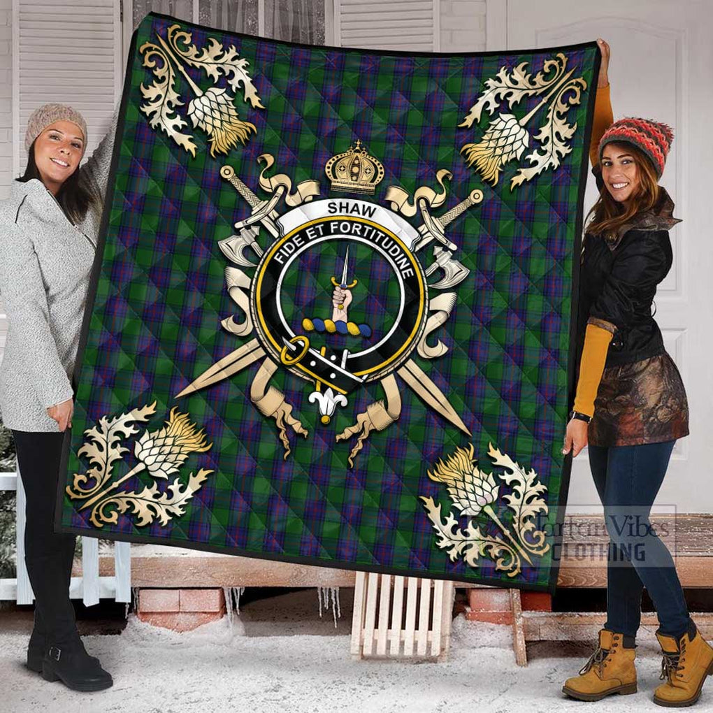 Tartan Vibes Clothing Shaw Tartan Quilt with Family Crest and Scottish Golden Courage Shield