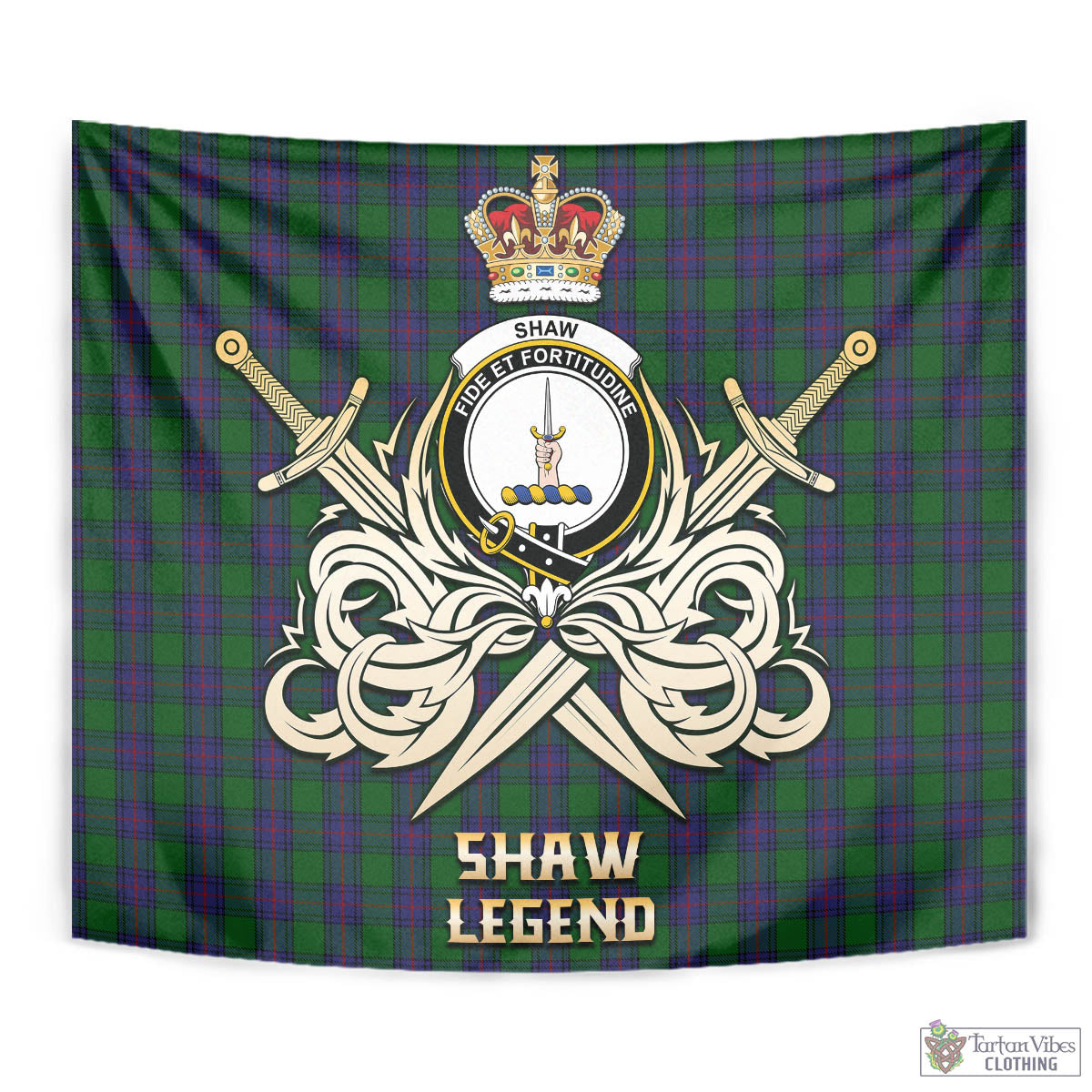 Tartan Vibes Clothing Shaw Tartan Tapestry with Clan Crest and the Golden Sword of Courageous Legacy