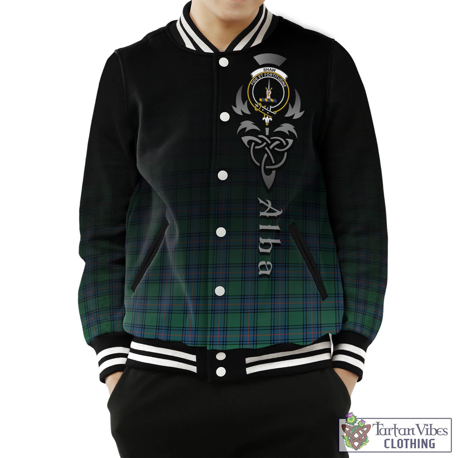 Tartan Vibes Clothing Shaw Ancient Tartan Baseball Jacket Featuring Alba Gu Brath Family Crest Celtic Inspired