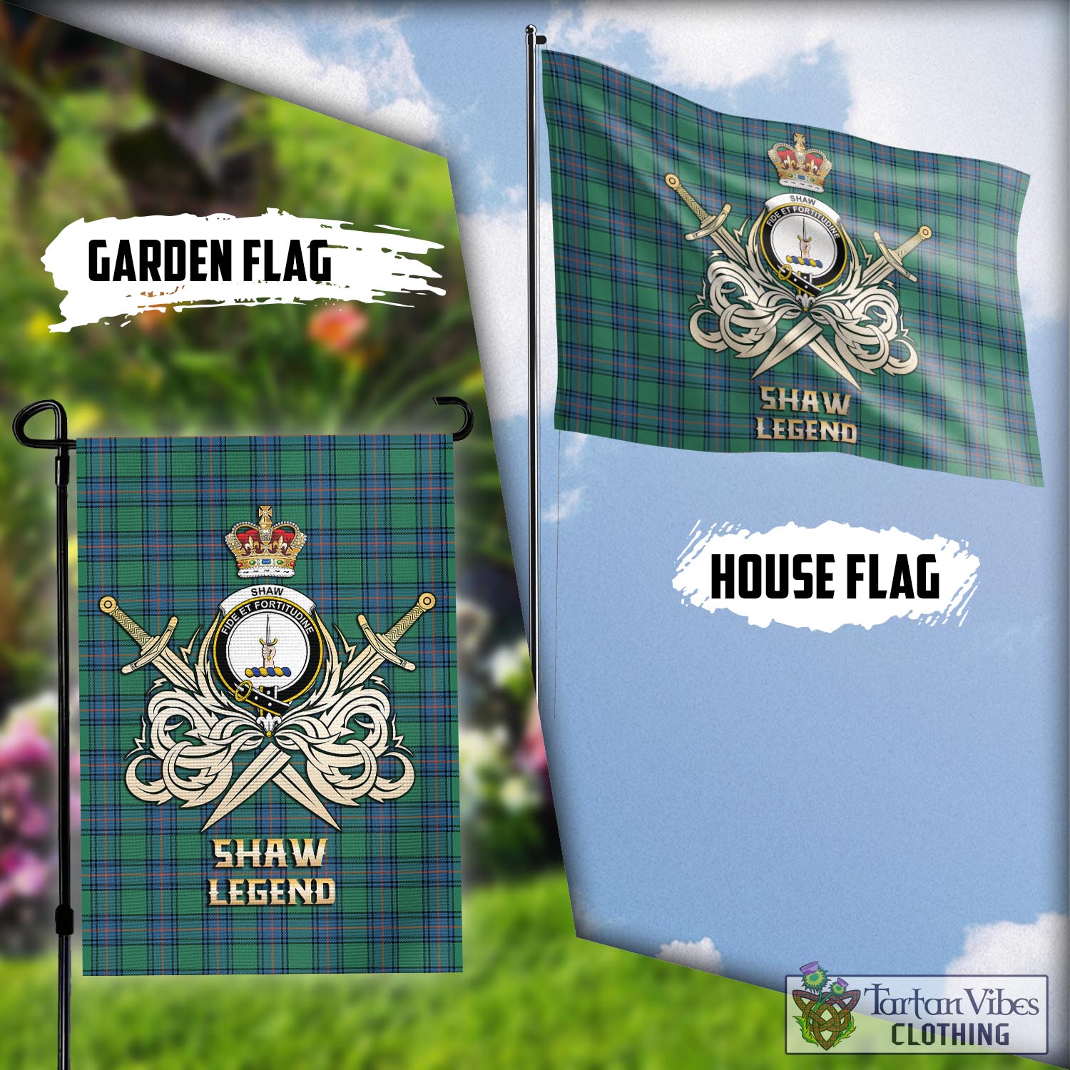 Tartan Vibes Clothing Shaw Ancient Tartan Flag with Clan Crest and the Golden Sword of Courageous Legacy