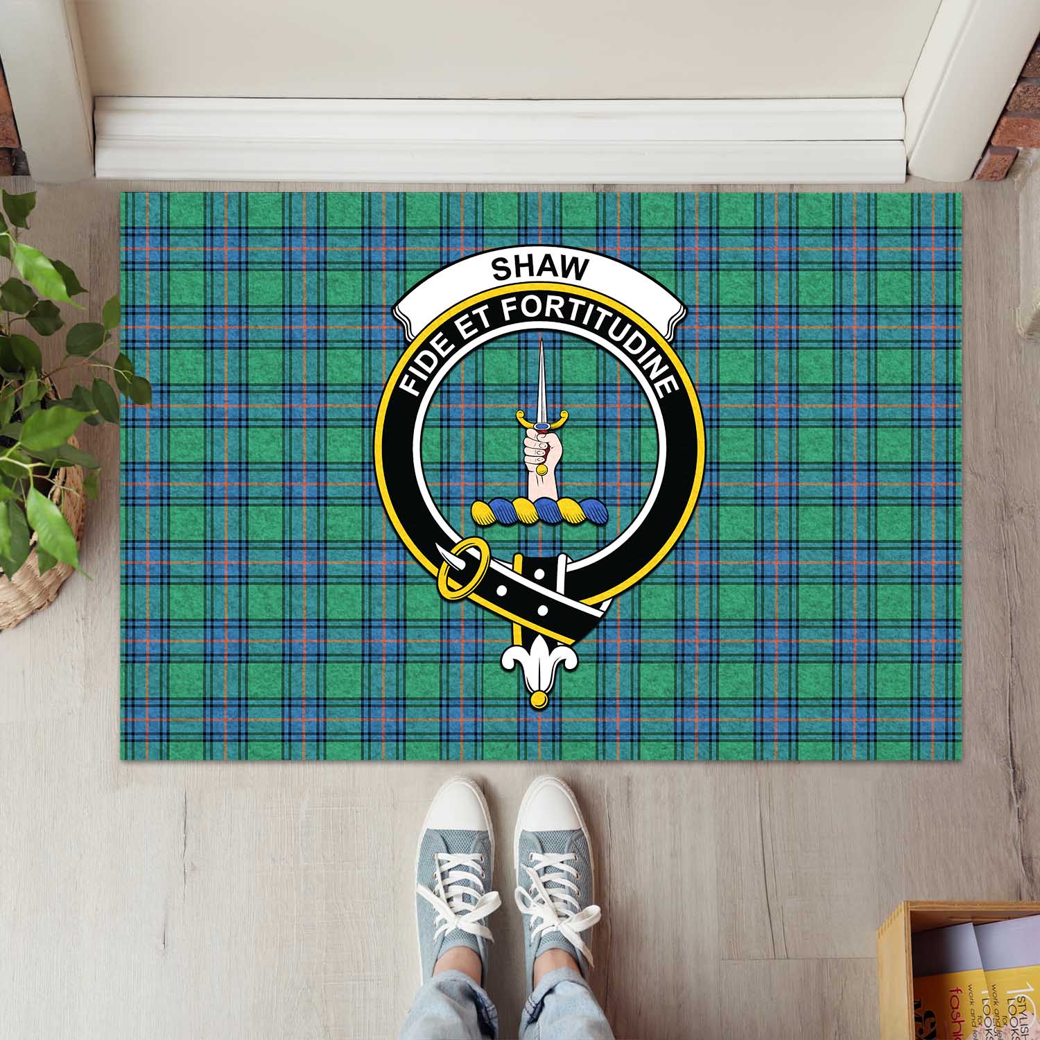 Shaw Ancient Tartan Door Mat with Family Crest - Tartanvibesclothing Shop