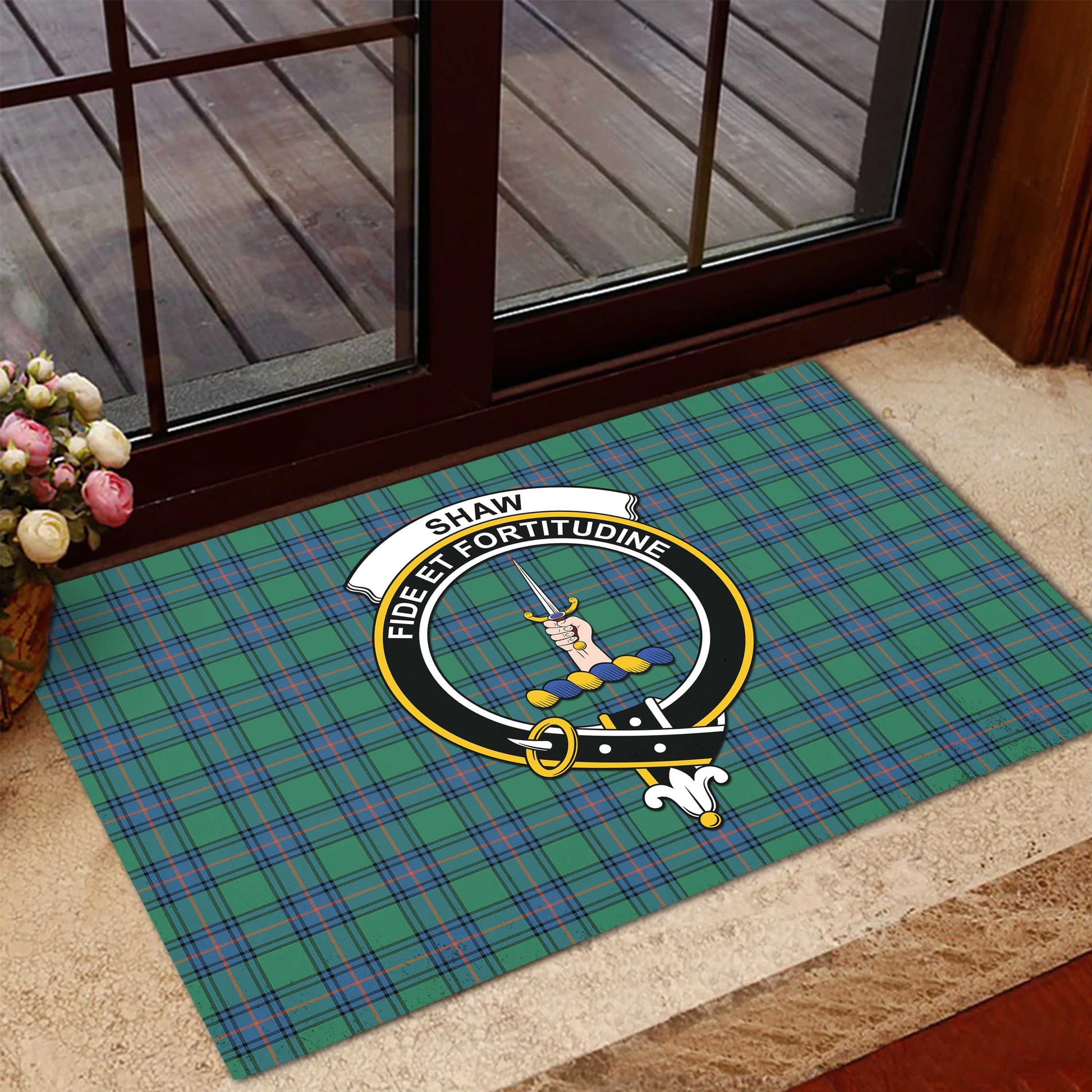 Shaw Ancient Tartan Door Mat with Family Crest - Tartanvibesclothing Shop