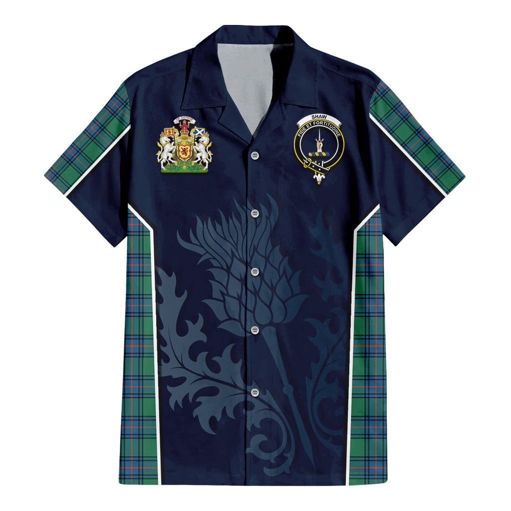 Tartan Vibes Clothing Shaw Ancient Tartan Short Sleeve Button Up Shirt with Family Crest and Scottish Thistle Vibes Sport Style