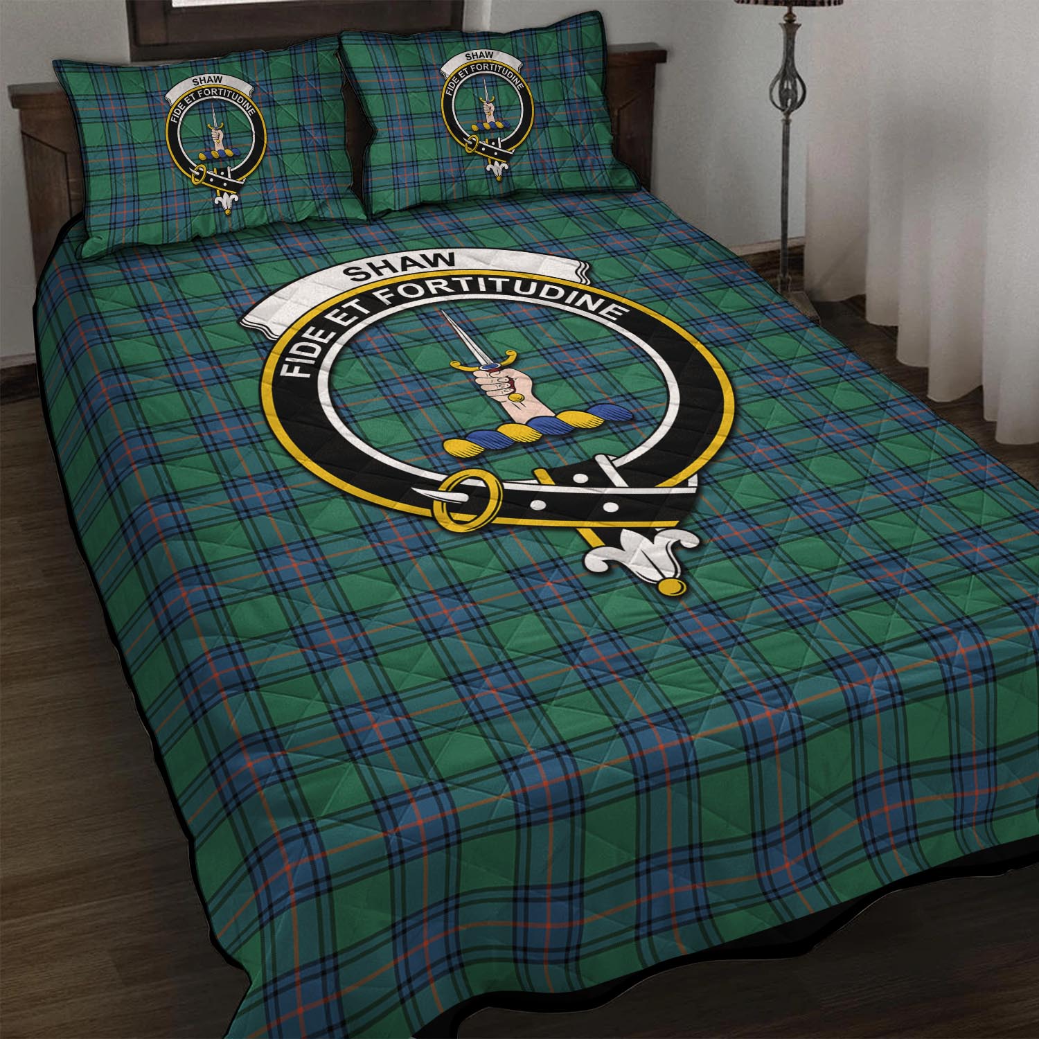 Shaw Ancient Tartan Quilt Bed Set with Family Crest - Tartan Vibes Clothing