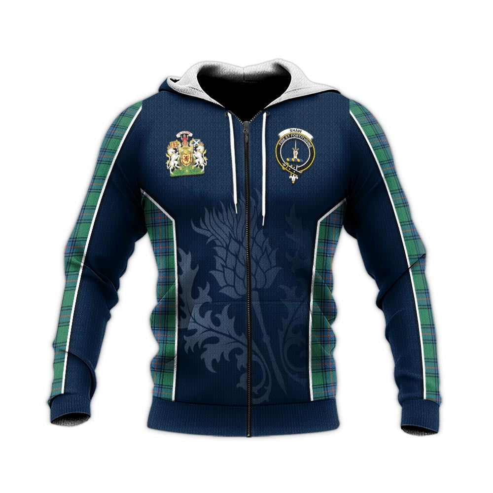 Tartan Vibes Clothing Shaw Ancient Tartan Knitted Hoodie with Family Crest and Scottish Thistle Vibes Sport Style