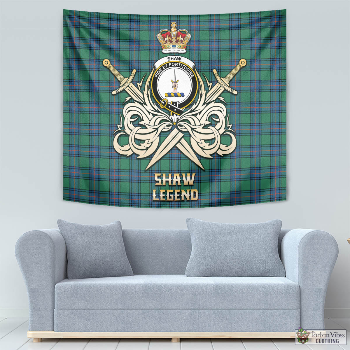 Tartan Vibes Clothing Shaw Ancient Tartan Tapestry with Clan Crest and the Golden Sword of Courageous Legacy