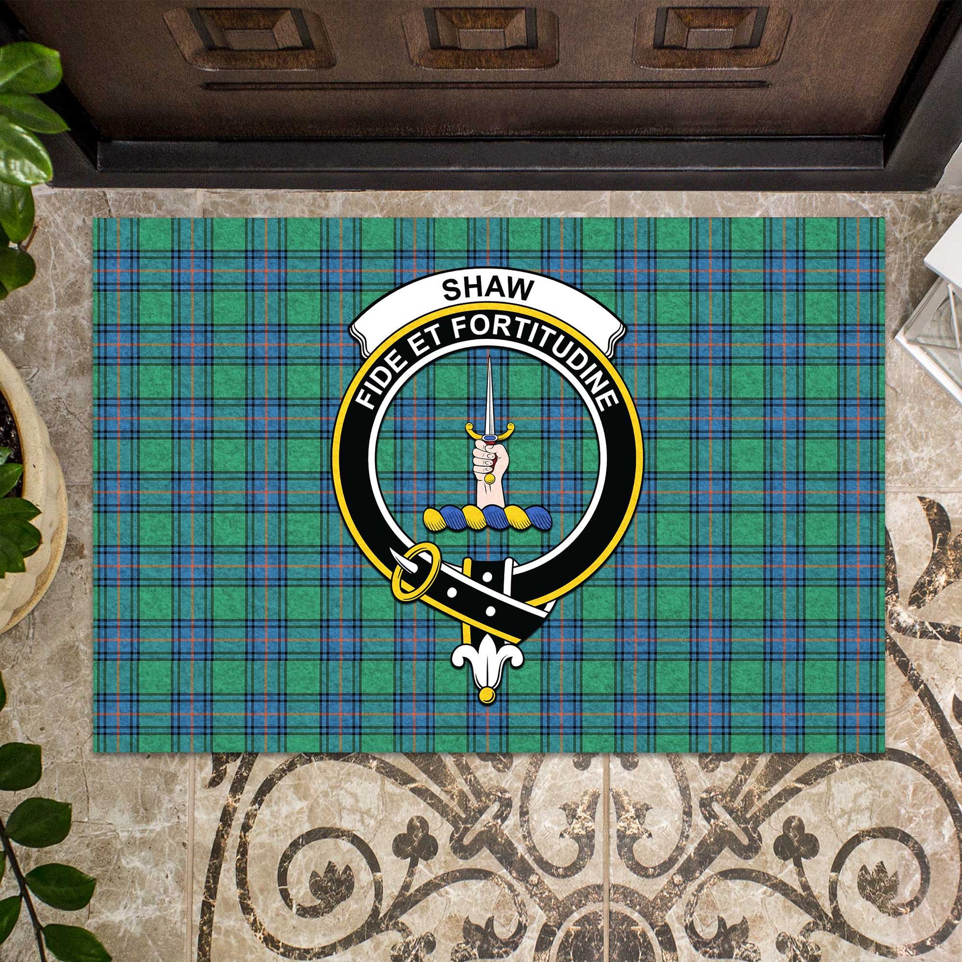 Shaw Ancient Tartan Door Mat with Family Crest - Tartanvibesclothing Shop