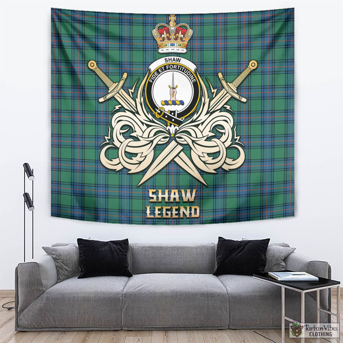 Tartan Vibes Clothing Shaw Ancient Tartan Tapestry with Clan Crest and the Golden Sword of Courageous Legacy