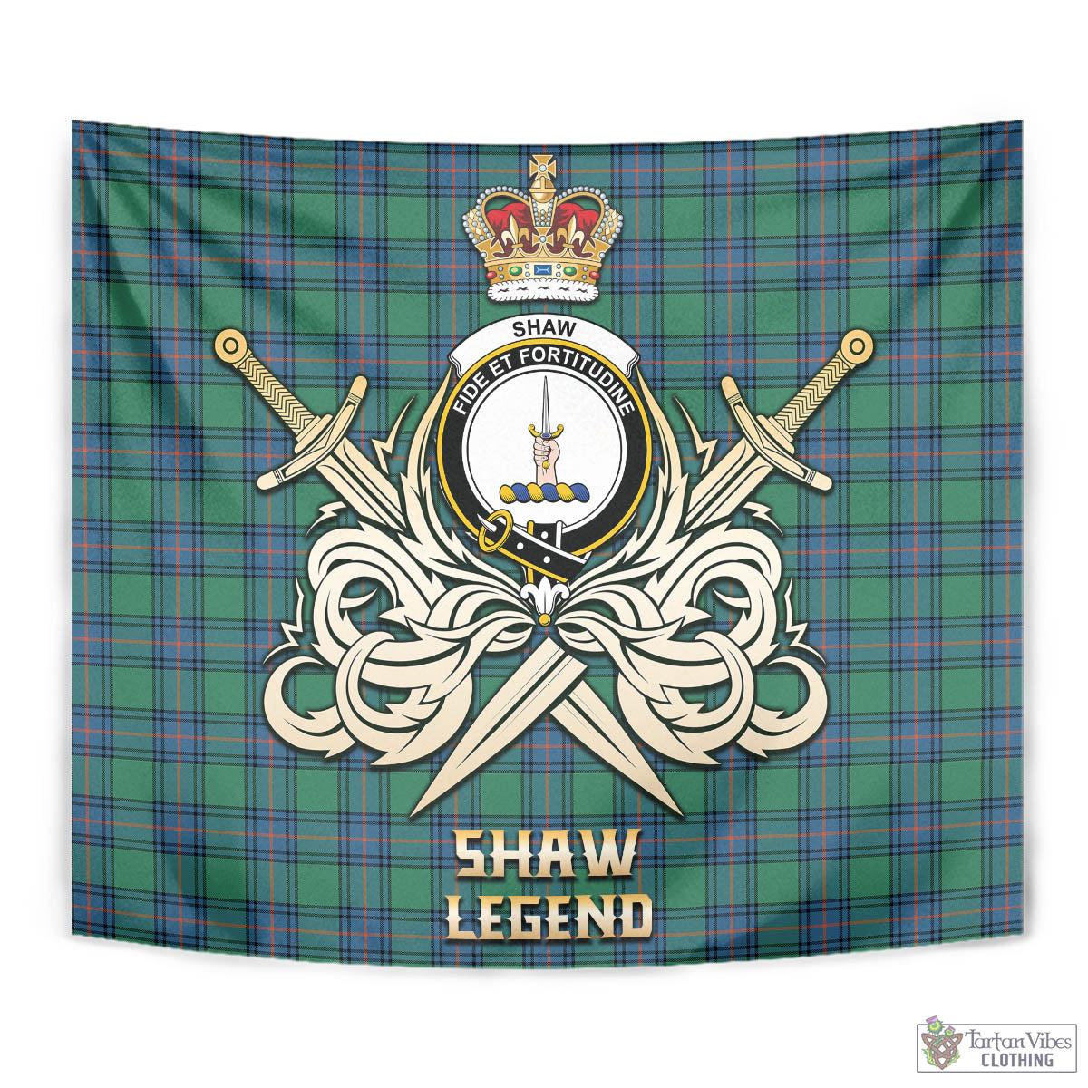 Tartan Vibes Clothing Shaw Ancient Tartan Tapestry with Clan Crest and the Golden Sword of Courageous Legacy