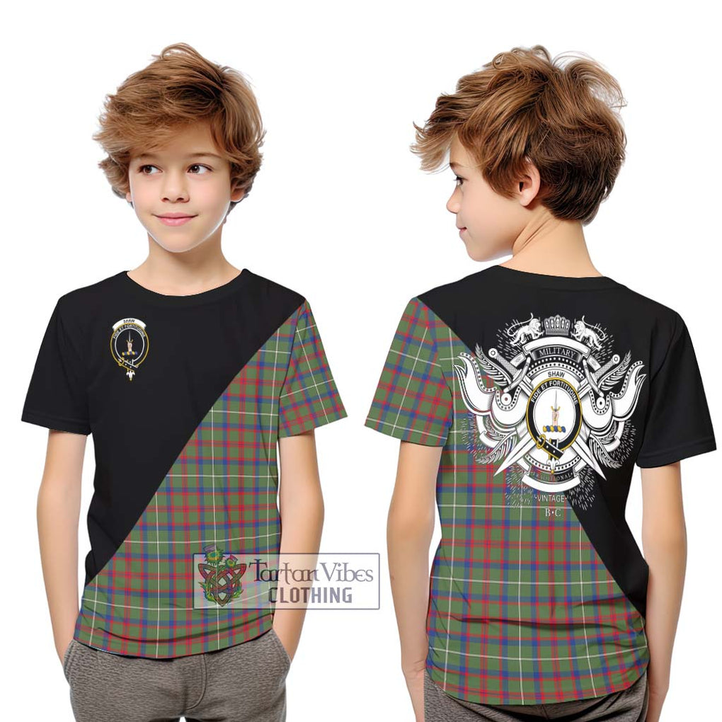 Shaw Green Modern Tartan Kid T-Shirt with Family Crest and Military Logo Style Youth XL Size14 - Tartanvibesclothing Shop