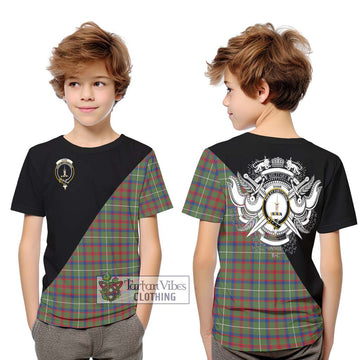 Shaw Green Modern Tartan Kid T-Shirt with Family Crest and Military Logo Style