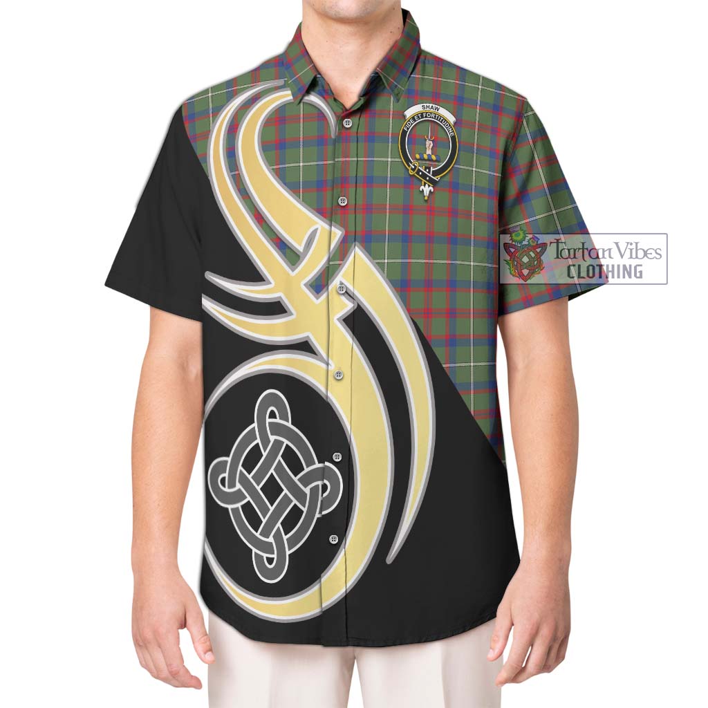 Shaw Green Modern Tartan Short Sleeve Button Shirt with Family Crest and Celtic Symbol Style Kid - Tartan Vibes Clothing