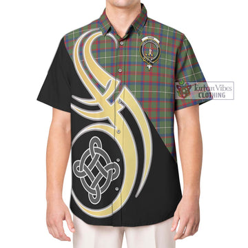 Shaw Green Modern Tartan Short Sleeve Button Shirt with Family Crest and Celtic Symbol Style