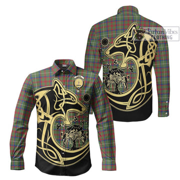 Shaw Green Modern Tartan Long Sleeve Button Shirt with Family Crest Celtic Wolf Style