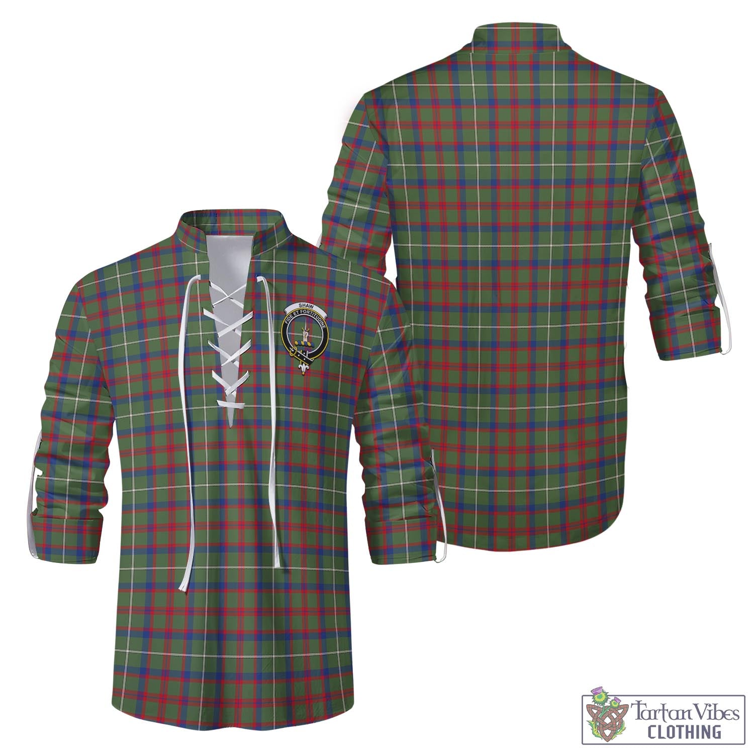 Tartan Vibes Clothing Shaw Green Modern Tartan Men's Scottish Traditional Jacobite Ghillie Kilt Shirt with Family Crest