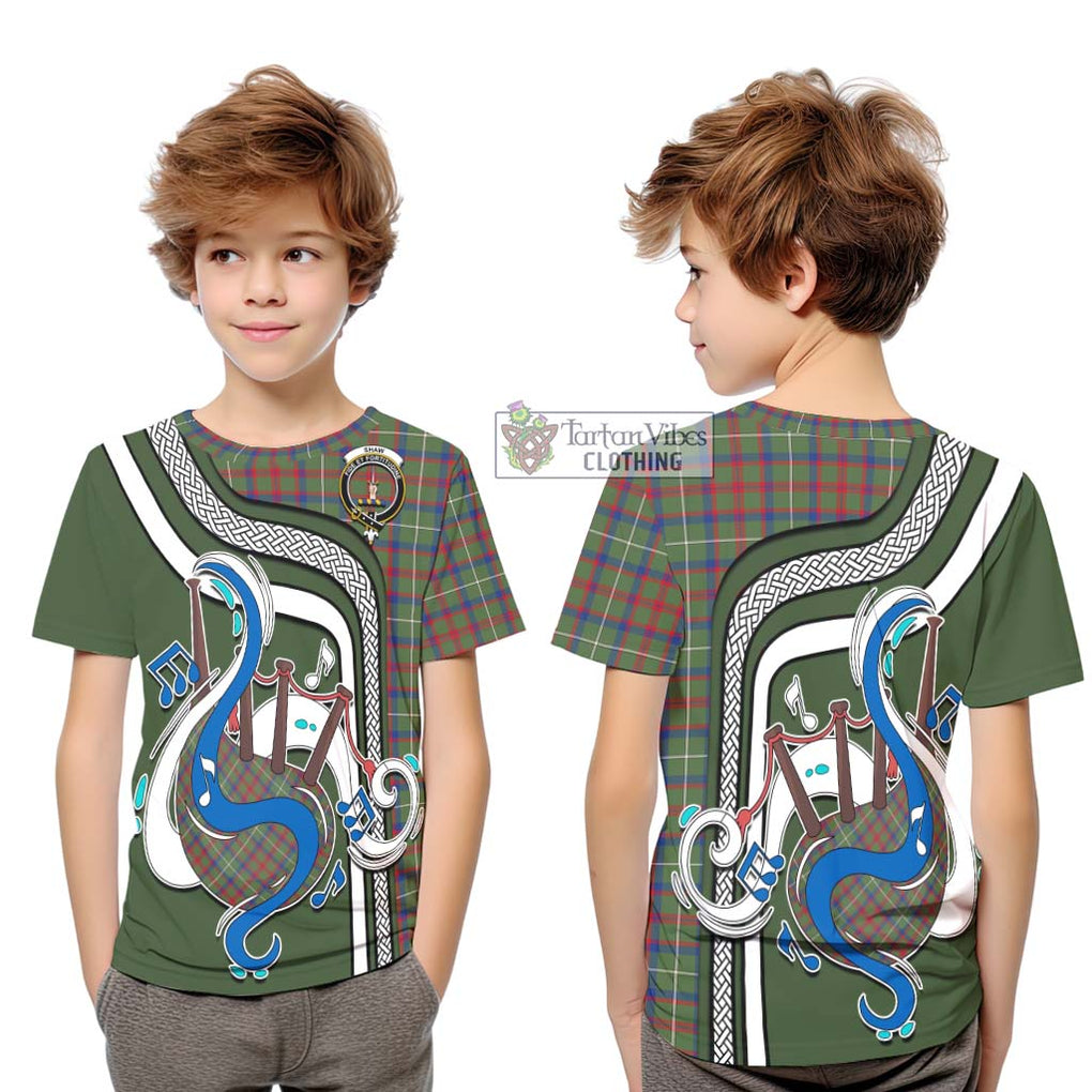 Tartan Vibes Clothing Shaw Green Modern Tartan Kid T-Shirt with Epic Bagpipe Style