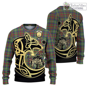 Shaw Green Modern Tartan Ugly Sweater with Family Crest Celtic Wolf Style