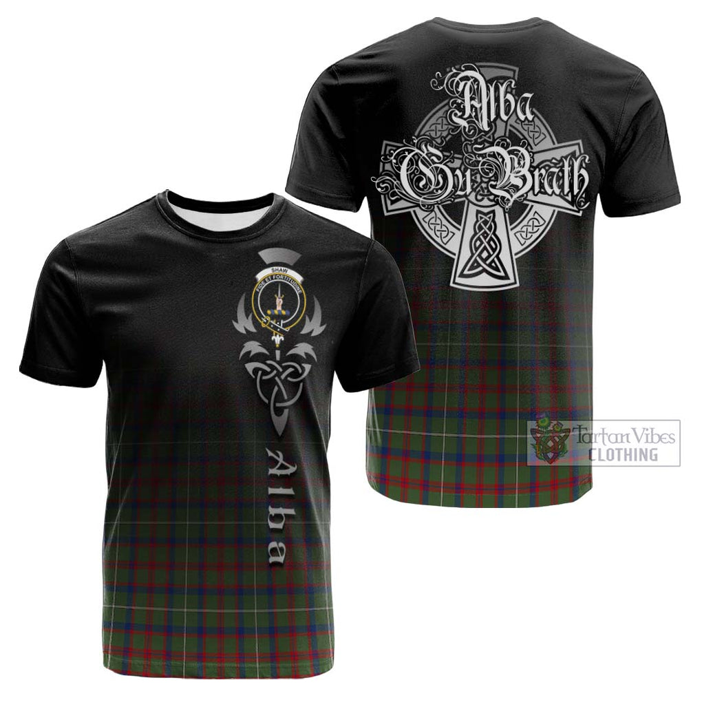 Tartan Vibes Clothing Shaw Green Modern Tartan Cotton T-shirt Featuring Alba Gu Brath Family Crest Celtic Inspired