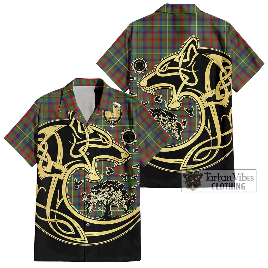 Shaw Green Modern Tartan Short Sleeve Button Shirt with Family Crest Celtic Wolf Style Kid - Tartan Vibes Clothing