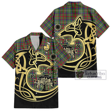 Shaw Green Modern Tartan Short Sleeve Button Shirt with Family Crest Celtic Wolf Style