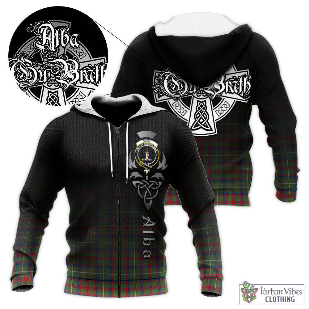 Tartan Vibes Clothing Shaw Green Modern Tartan Knitted Hoodie Featuring Alba Gu Brath Family Crest Celtic Inspired