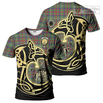 Shaw Green Modern Tartan T-Shirt with Family Crest Celtic Wolf Style