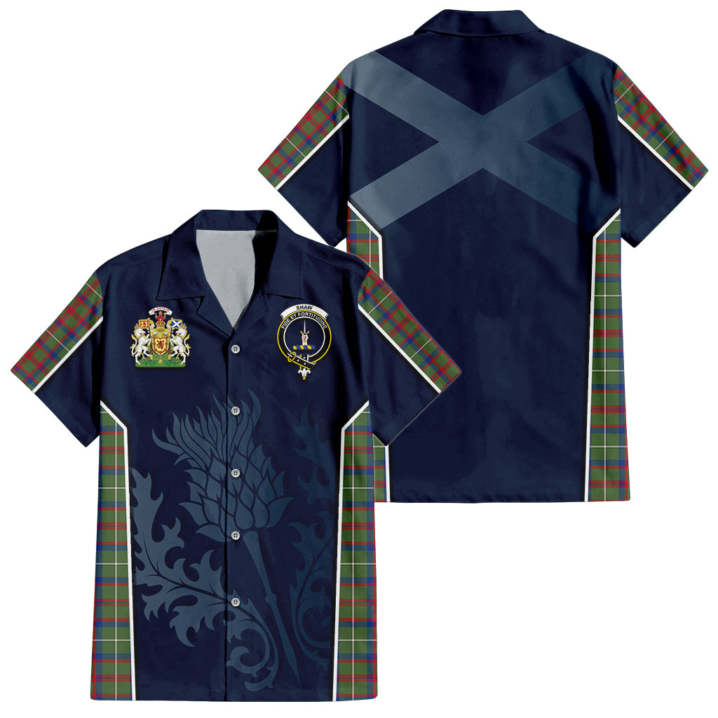 Tartan Vibes Clothing Shaw Green Modern Tartan Short Sleeve Button Up Shirt with Family Crest and Scottish Thistle Vibes Sport Style