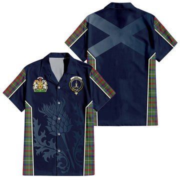 Shaw Green Modern Tartan Short Sleeve Button Up Shirt with Family Crest and Scottish Thistle Vibes Sport Style