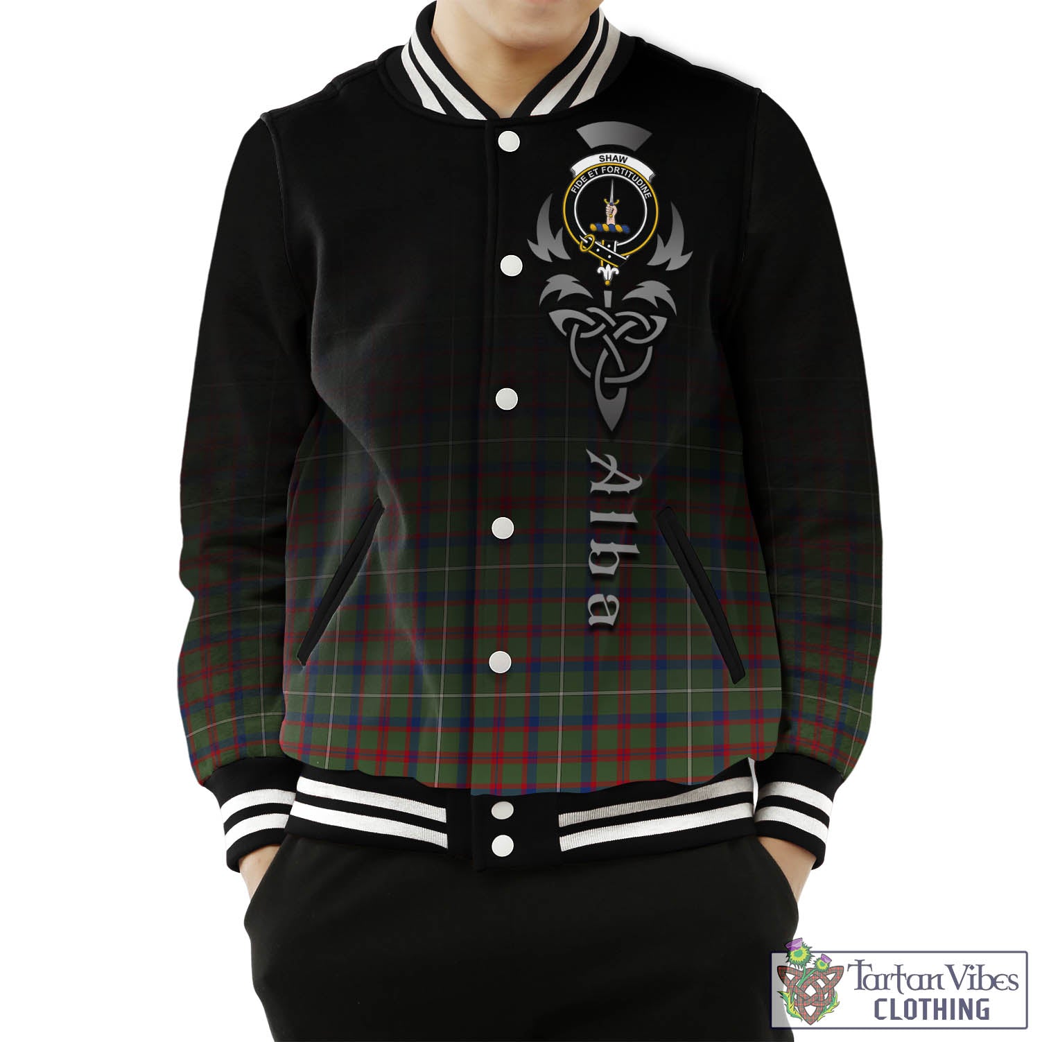 Tartan Vibes Clothing Shaw Green Modern Tartan Baseball Jacket Featuring Alba Gu Brath Family Crest Celtic Inspired