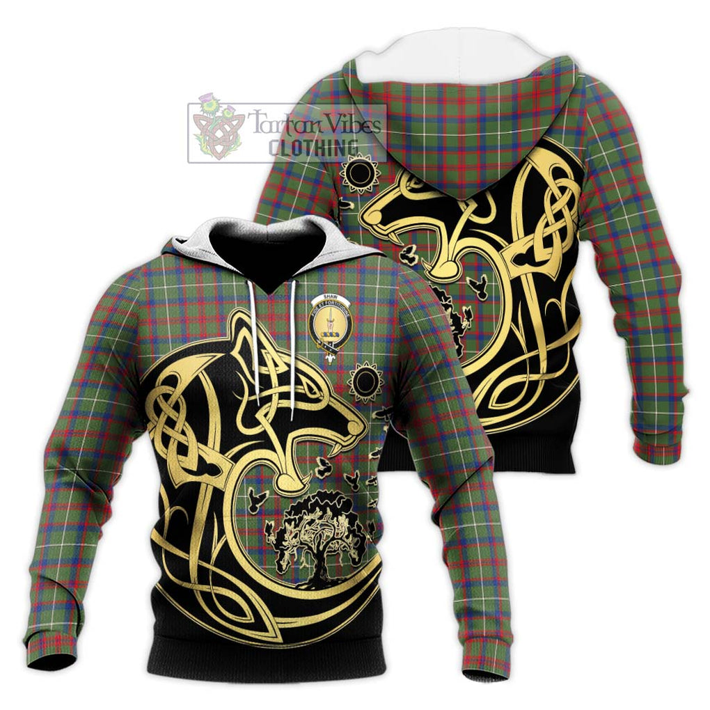 Shaw Green Modern Tartan Knitted Hoodie with Family Crest Celtic Wolf Style Unisex Knitted Pullover Hoodie - Tartan Vibes Clothing