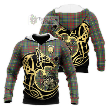 Shaw Green Modern Tartan Knitted Hoodie with Family Crest Celtic Wolf Style