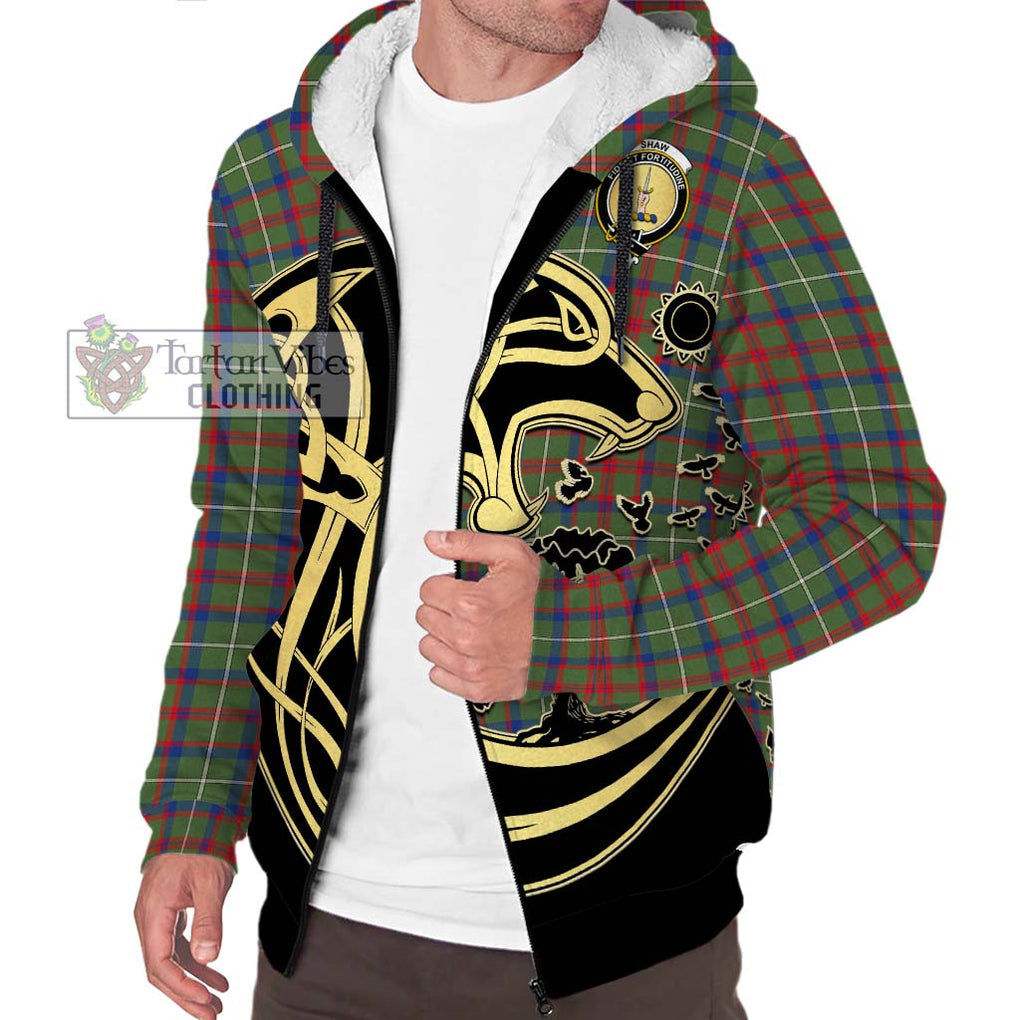 Shaw Green Modern Tartan Sherpa Hoodie with Family Crest Celtic Wolf Style Unisex S - Tartan Vibes Clothing