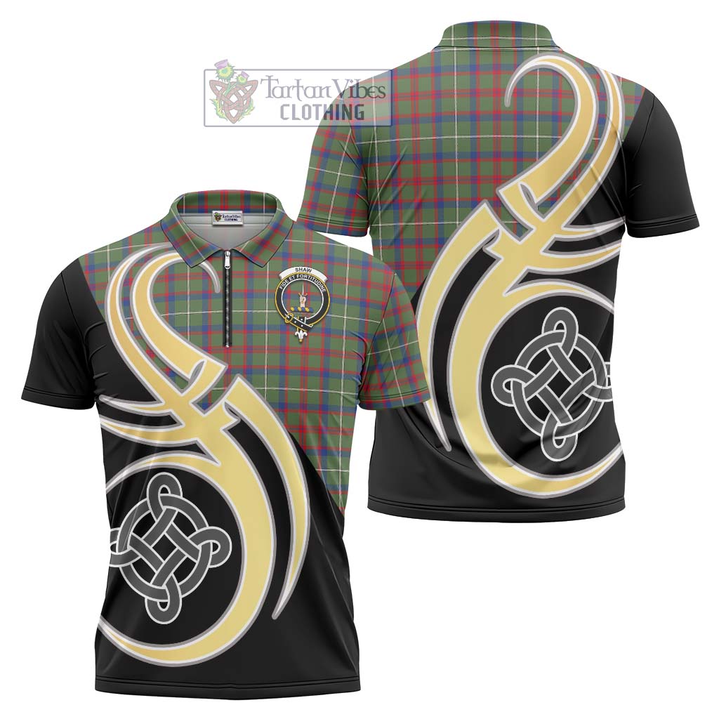 Tartan Vibes Clothing Shaw Green Modern Tartan Zipper Polo Shirt with Family Crest and Celtic Symbol Style