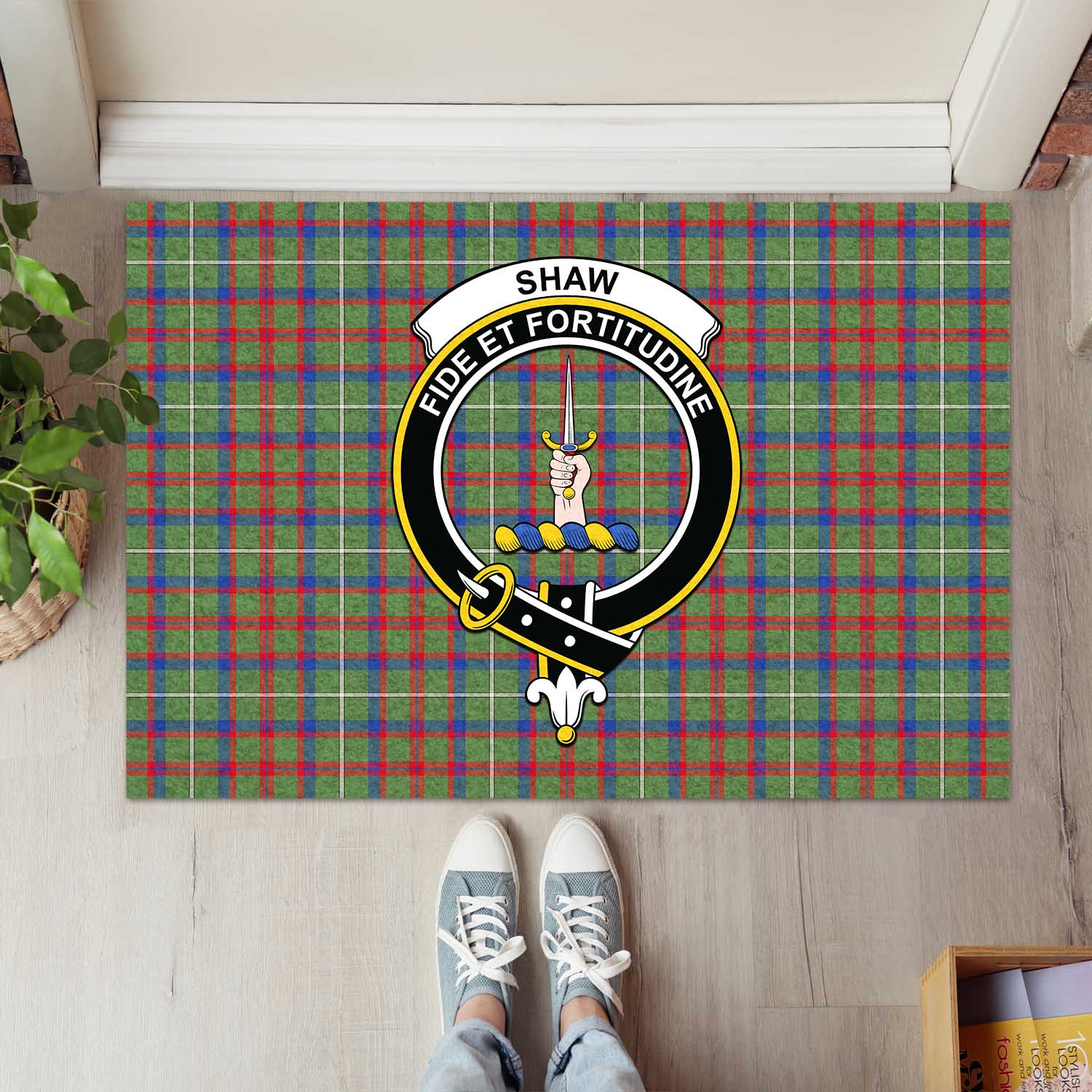 Shaw Green Modern Tartan Door Mat with Family Crest - Tartanvibesclothing Shop