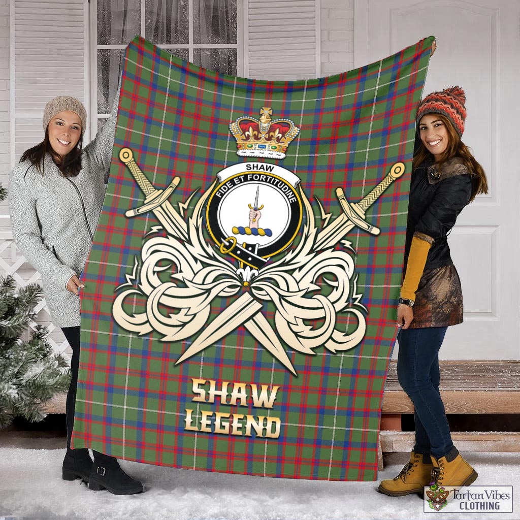 Tartan Vibes Clothing Shaw Green Modern Tartan Blanket with Clan Crest and the Golden Sword of Courageous Legacy