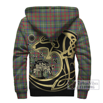 Shaw Green Modern Tartan Sherpa Hoodie with Family Crest Celtic Wolf Style