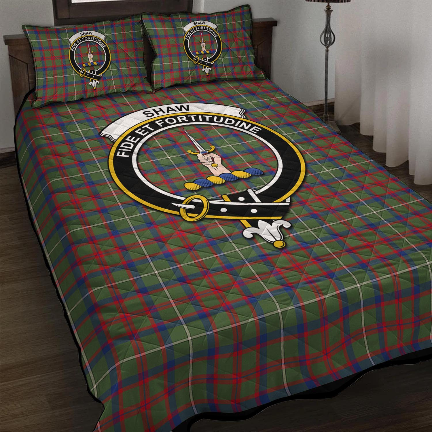 Shaw Green Modern Tartan Quilt Bed Set with Family Crest - Tartan Vibes Clothing